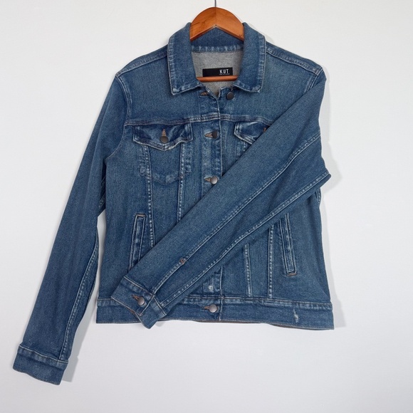 Kut from the Kloth JACQUELINE Cropped Denim Jacket size L dark stone wash color - Picture 3 of 14